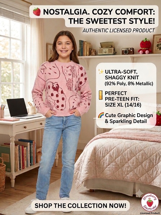 Strawberry Shortcake Other - STRAWBERRY SHORTCAKE Women's Girls Pink Shaggy Metallic Knit Sweater XL 14/16